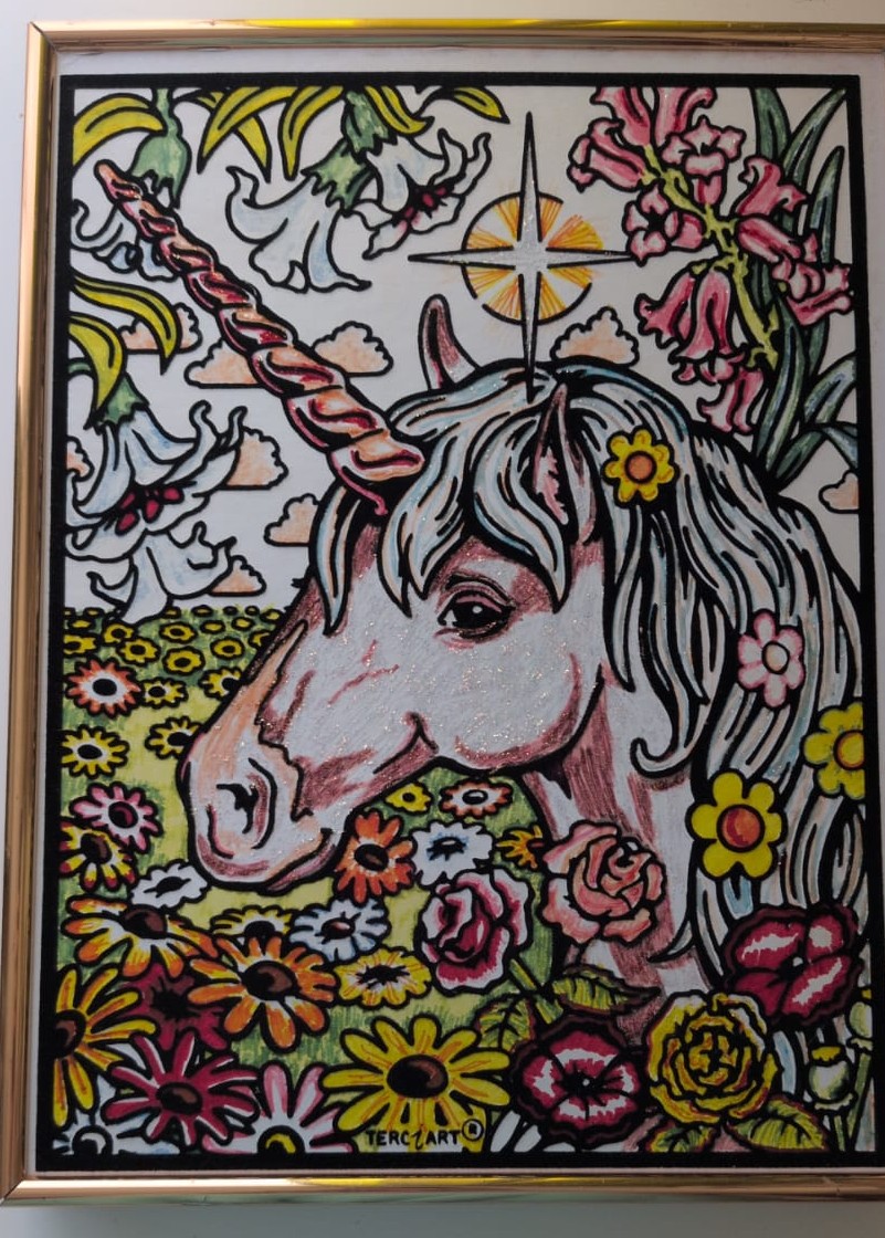 Fertig gemaltes Samtbild: Einhorn